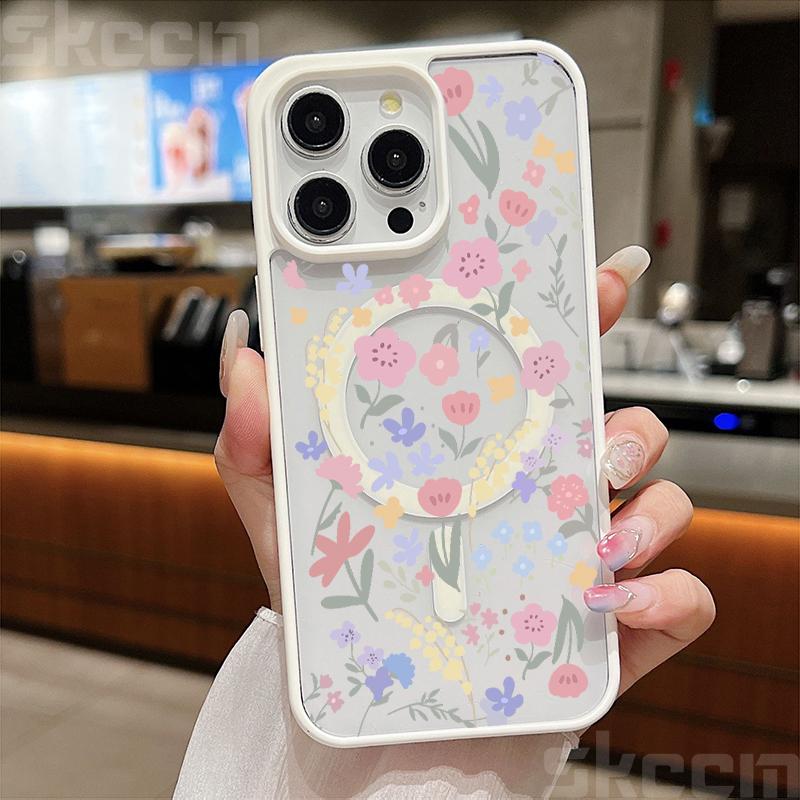 Милый чехол для телефона с цветочным узором для iPhone 16 15 14 Pro Max 11 12 13 Pro 16E XS X XR Матовый магнитный чехол Magsafe для беспроводной зарядки