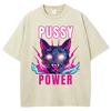 Pussy Power Cat Print Women's T-Shirt Washed Crew Neck Short Sleeve Street Cool Top Unisex