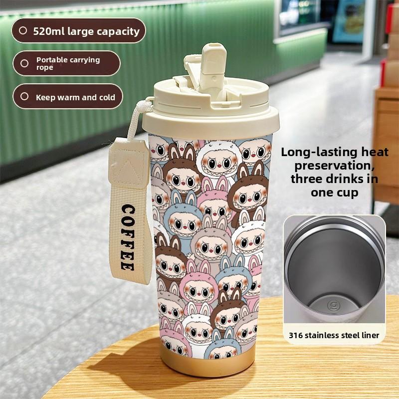 Large Capacity 316 Stainless Steel High Value Double Drink Thermos Cup Seven Labubu Cloth Straw Car Coffee Cup