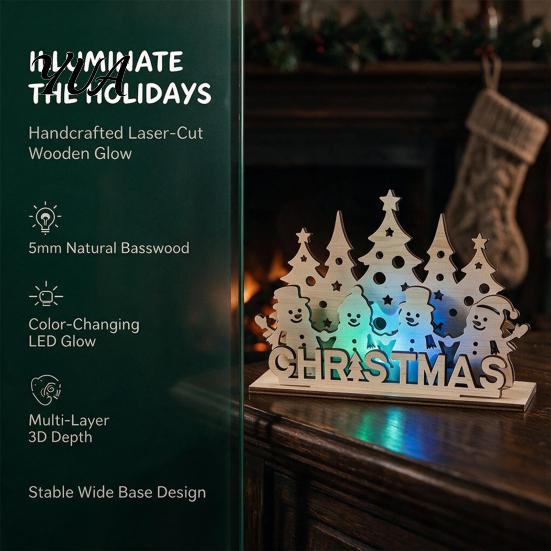 Festive Fireplace Mantle Decor Christmas Table Wooden Sign, Vintage Tree Village House Lighted Tabletop Decorative Wood Craft Centerpiece, Winter