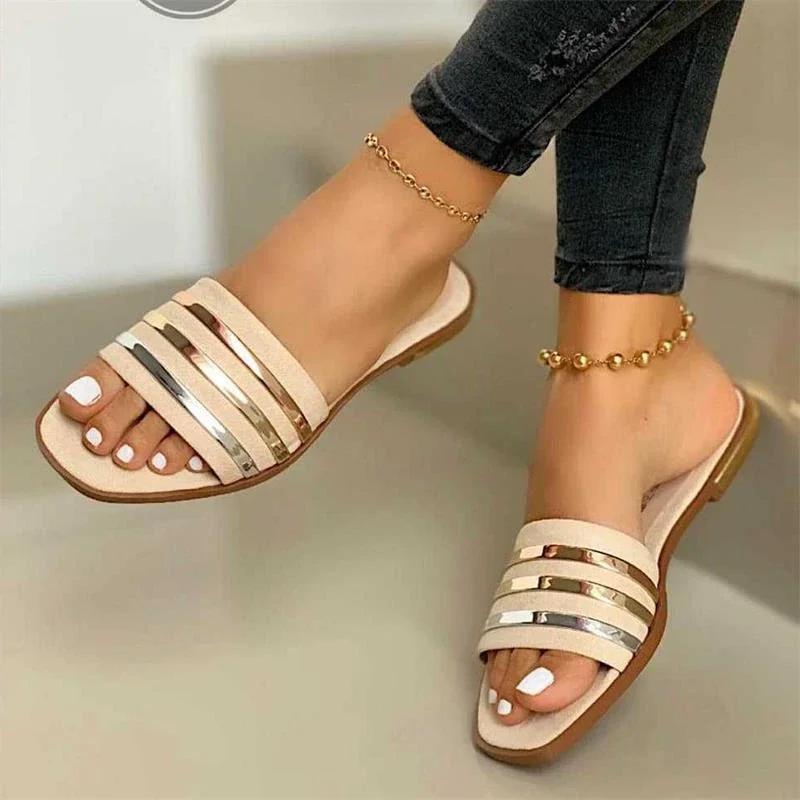 Fashion Women's Slippers New Summer Striped Metal Flat Shoes Fashion Slip On Slides Women's Sandals Casual Outdoor Women Plus Size 43