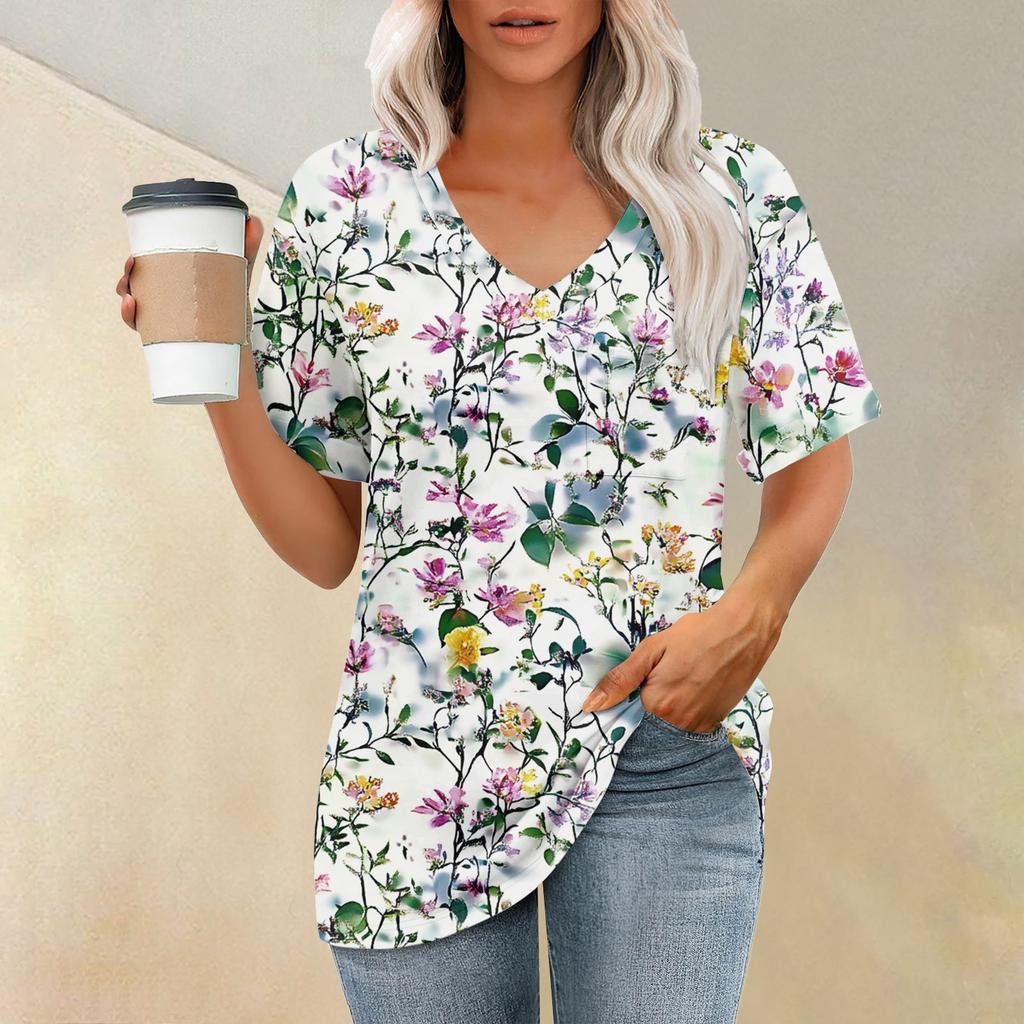 Women's Fashion Pocket V-neck Short Sleeve Plant Floral Print T-shirt Top