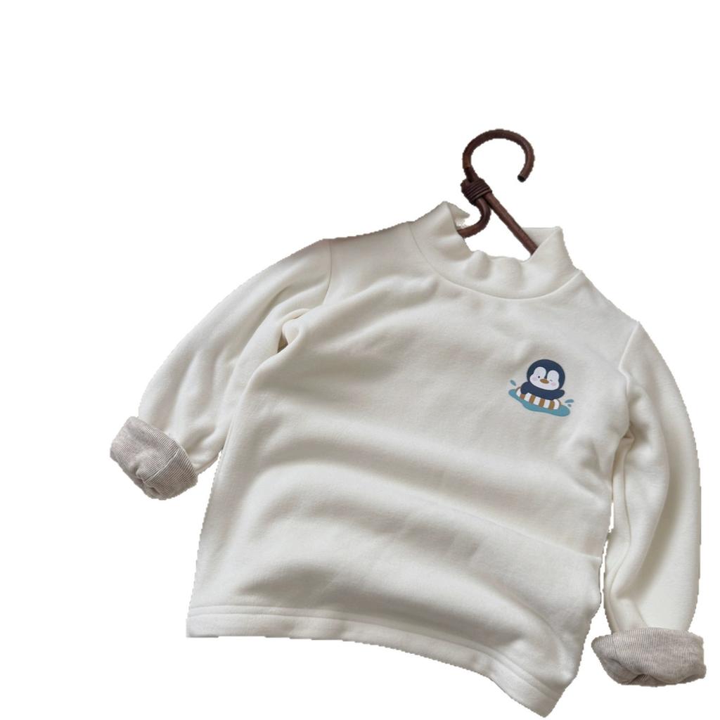 Cartoon Penguin Embroidered Half Turtleneck Long Sleeve Thickened Baby Base Layer for Boys and Girls