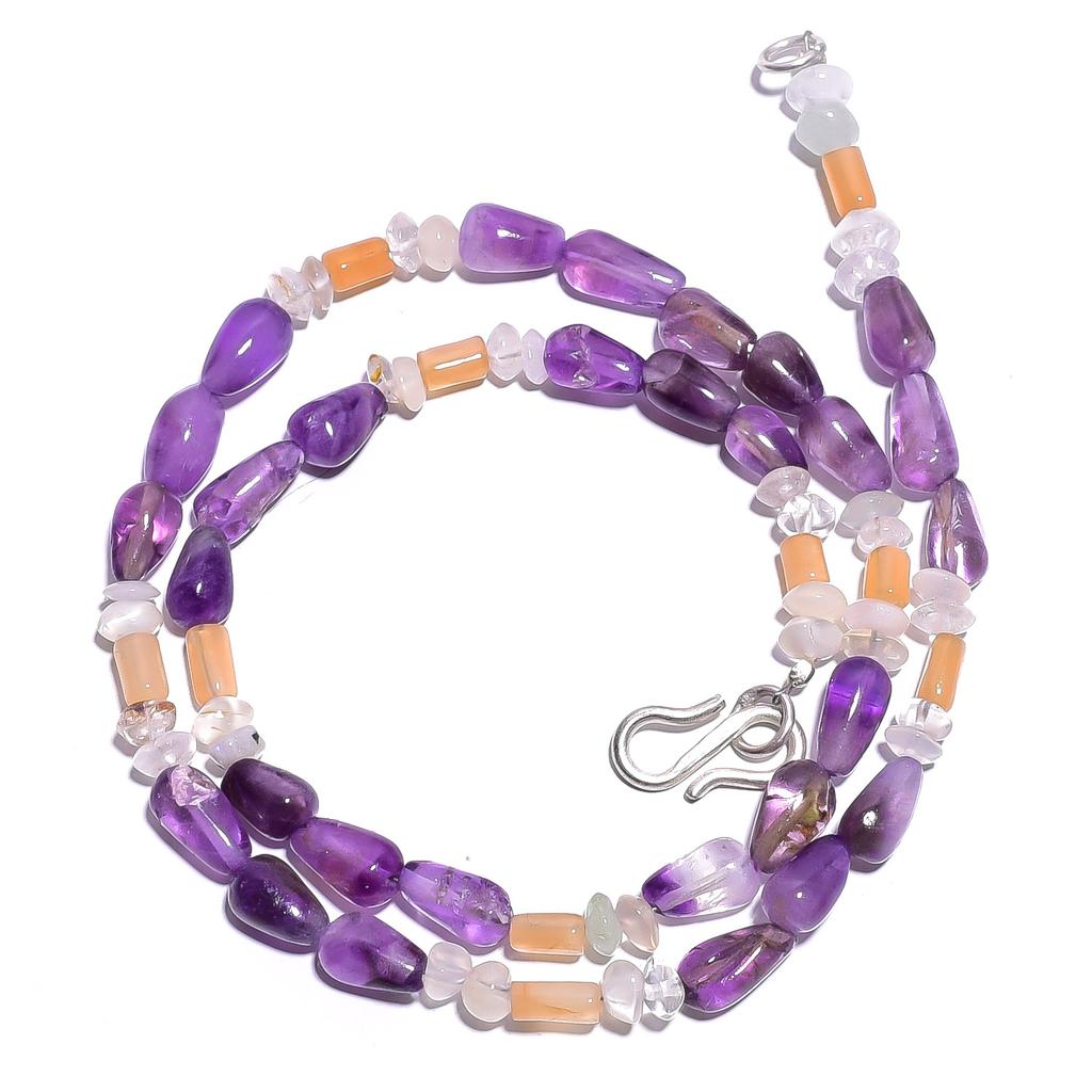 Natural Amethyst Crystal Moonstone Gemstone Smooth Beads Necklace 17" UB-4498 UB-4498