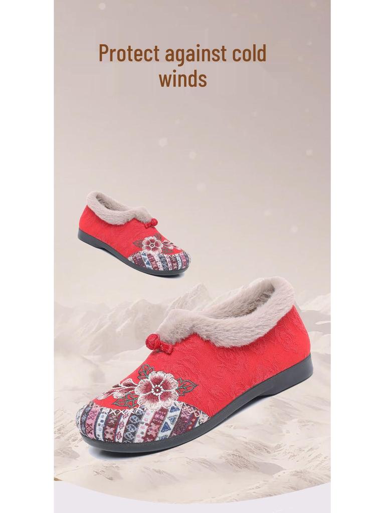 Теплые этнические вышитые хлопковые туфли – Мягкая подошва, меховая подкладка, комфорт для среднего и пожилого возраста