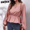 Women's Fashion Casual Solid Color Print Long Sleeve V Neck Blouses & Shirts