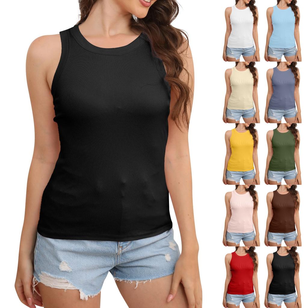 Women's Summer Fashion Casual Solid Color Round Neck Sleeveless Top Tight Tank Top
