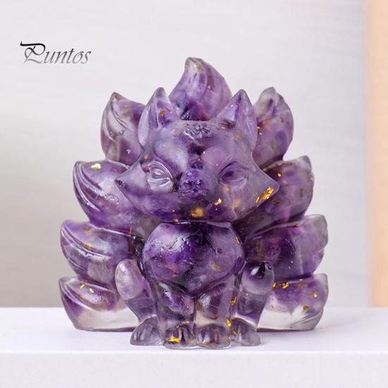 Статуэтка из натурального камня в виде девятихвостой лисы, позитивная целебная энергия, вырезанная вручную из цветного искусственного кристалла, сидящая статуя животного для домашнего офиса и рабочего стола