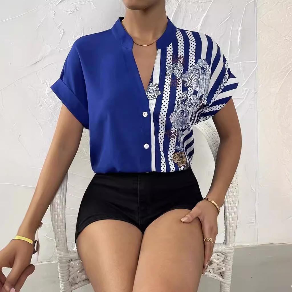 GMXIA Летняя женская повседневная рубашка с полуоткрытым воротником и модным принтом в стиле пэчворк