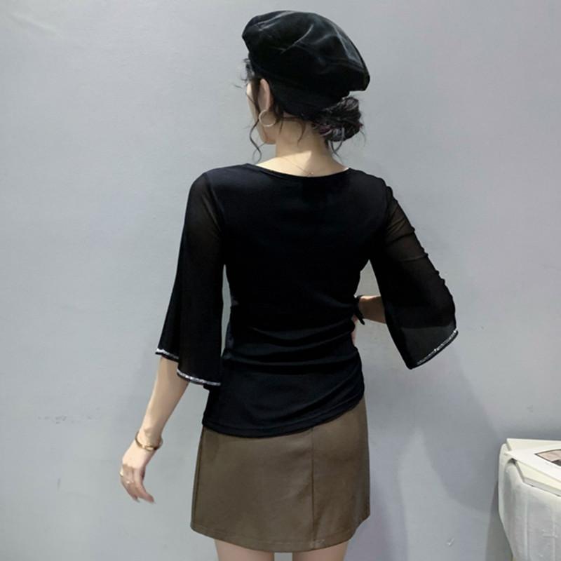 Летние новые женские сетчатые футболки топы модные сексуальные с перекрестным вырезом горячие с бриллиантами с рукавами до локтя базовая футболка эластичная