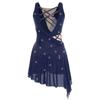 Women Dance Dress with Rhinestones Adorned Straps - Backless Side Slit Flowy Asymmetrical Hem Built-in Crotch Press Buttons for Stage Performance