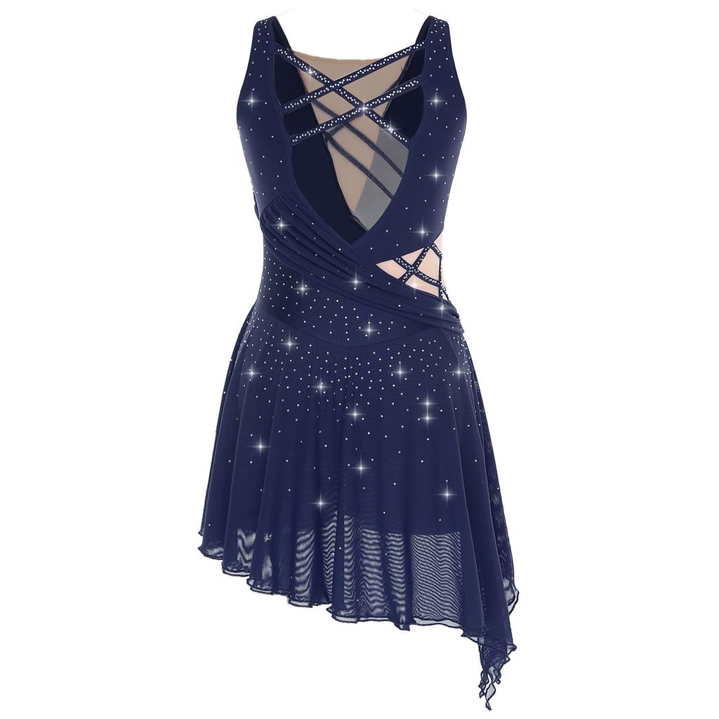 Women Dance Dress with Rhinestones Adorned Straps - Backless Side Slit Flowy Asymmetrical Hem Built-in Crotch Press Buttons for Stage Performance