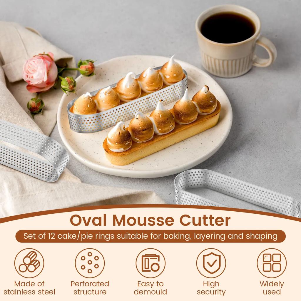 12Pcs Oval Muffin Tart Rings Stainless Steel Porous Tart Ring Perforated Cake Mousse Mold Cookies Cutter Pastry Quiche Mold Tool