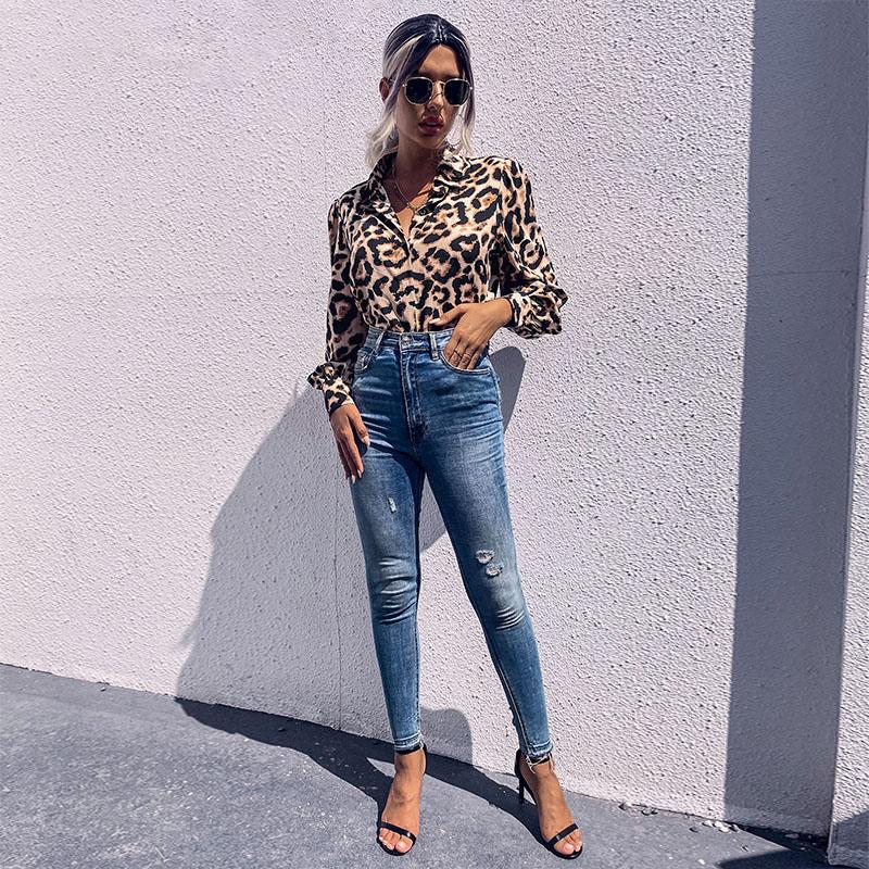 Женские модные повседневные блузки и рубашки-поло с леопардовым принтом и длинными рукавами