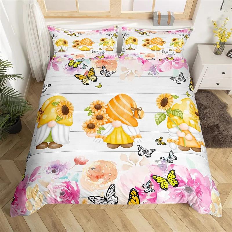 Spring Flower Gnomes Duvet Cover Romantic Rose Floral Bedding Set Microfiber Lovely Christmas Dwarf Quilt Cover Twin King Size