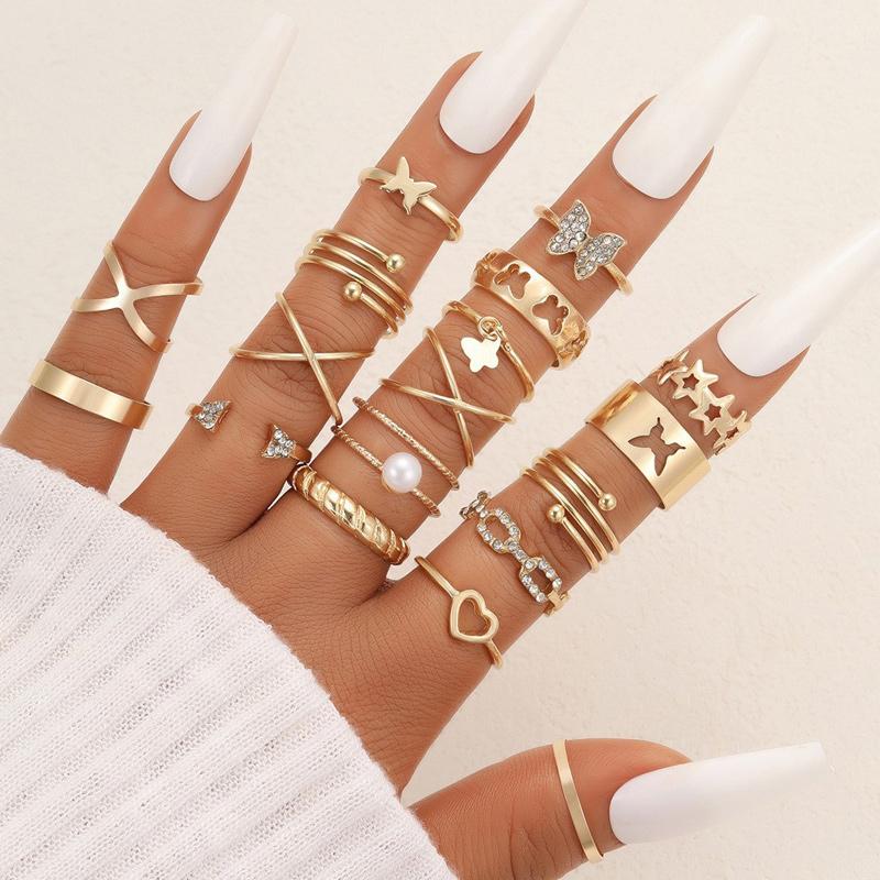 58 Pcs/Set Gold Color Rings Set For Women Men Vintage Hollow Butterfly Pearl Heart Crystal Geometric Rings Trendy Finger Jewelry