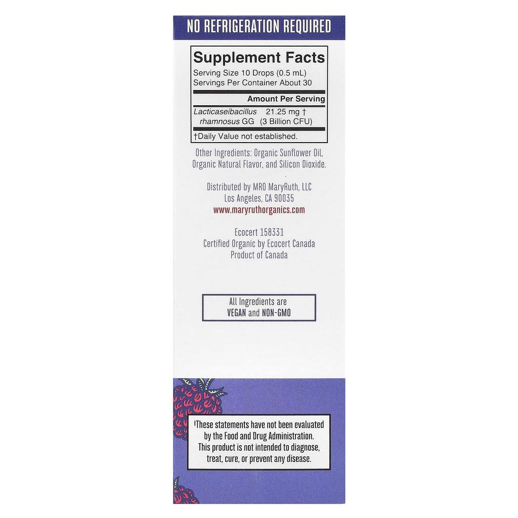 MaryRuth's Органический Топ 10 Прецизионный Пробиотик, Жидкие Капли, Малина, 3 Миллиарда КОЕ, 0,5 жидких унций (15 мл)