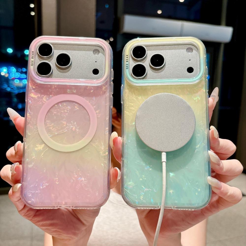 Candy Color Gradient Shell Texture Magnetic Wireless Charger Case for IPhone 18 17 Pro Max 16 15 14 13 12 Hard Shockproof Camera Lens Protective Cover