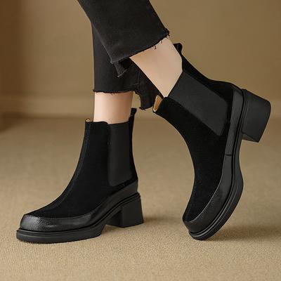 Мода 2025 Новая осень/зима Натуральная кожа Женские ботинки Круглый носок Женская обувь Модные дизайны Ботинки челси Высокий каблук Короткие ботинки