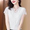 Women's Summer V-neck Short Short-sleeved Lace Top Solid Color Temperament Lace T-shirt