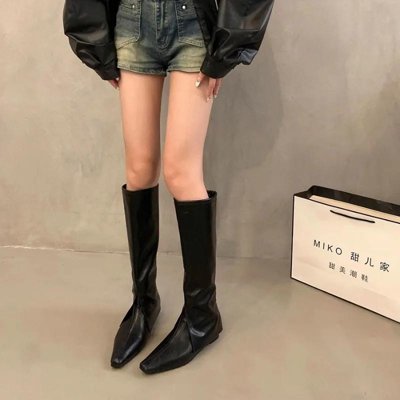 Модная обувь для женщин 2024 года, горячая распродажа, женские сапоги до колена, брендовые современные сапоги, женские сшитые туфли с квадратным носком и молнией сзади на низком каблуке