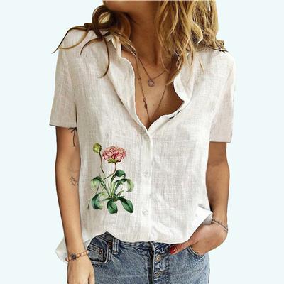 Женские блузки с лацканами и принтом, летняя и осенняя футболка с короткими рукавами, женский хлопковый льняной топ, модная футболка-кардиган