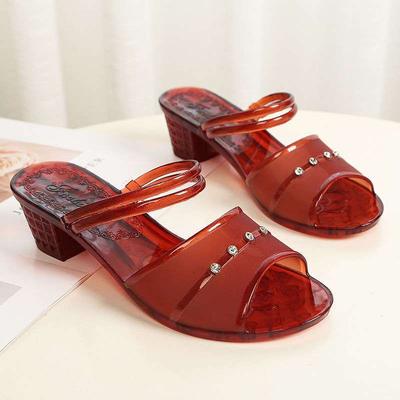 Кристальные желейные модные крутые тапочки женские летние на толстом каблуке пляжные нескользящие шлепанцы на одной перемычке для улицы мать инс увеличить