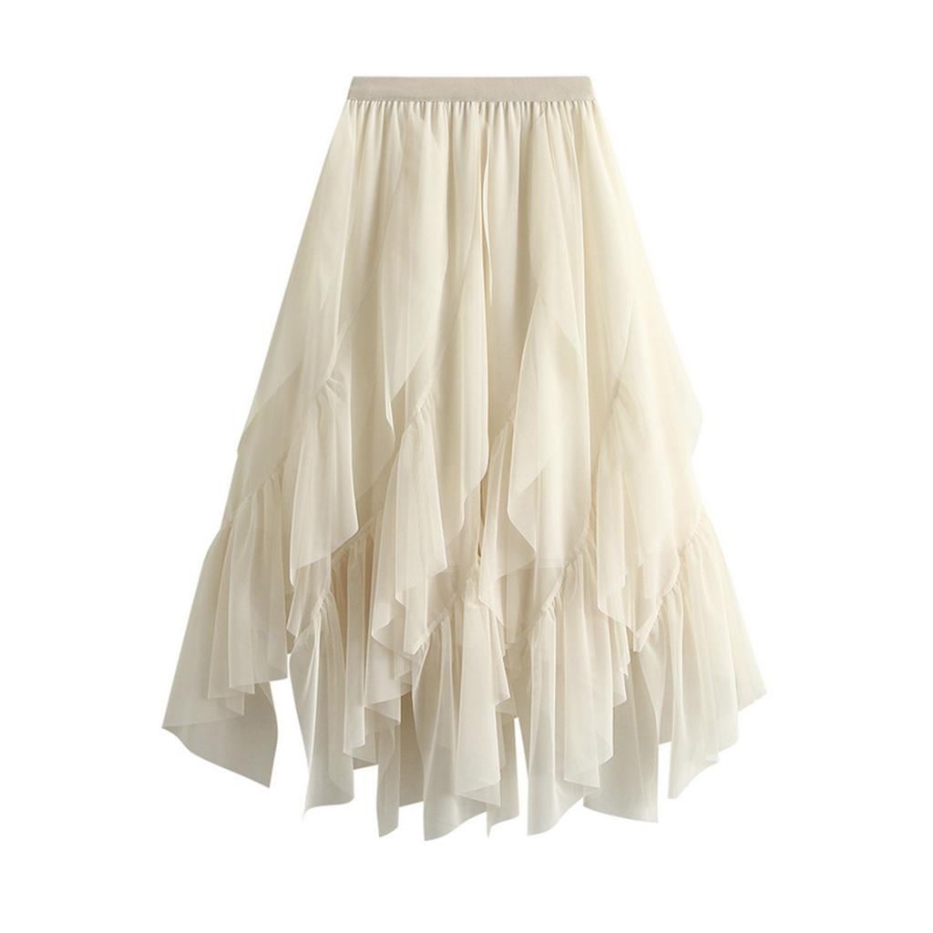Женская модная повседневная однотонная юбка с высокой талией и оборками из сетки длиной до пола