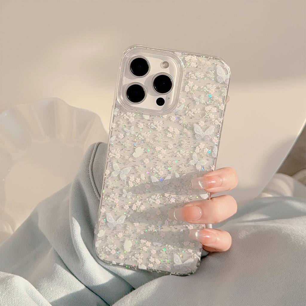 Spring Flowers Suitable for Apple 17promax Mobile Phone Case 16 Glitter Pink Purple Butterfly Iphone14 Transparent 13