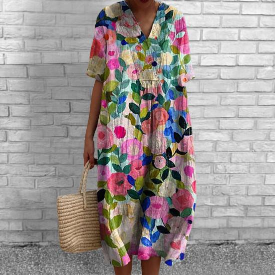 Женское платье с цветочным принтом, платье с коротким рукавом и v-образным вырезом, летнее повседневное платье трапециевидной формы, пуловеры в богемном стиле, платье для вечеринки, повседневная одежда, отпуск