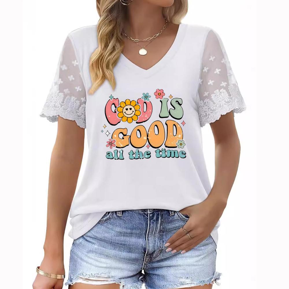 Модная женская футболка больших размеров с V-образным вырезом, короткими рукавами и кружевными вставками на лето