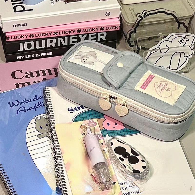 1 Piece Retro Student Pencil Case Vintage American Style Pencil Bag High Capacity Gray Blue Color Stationery Storage Bag School