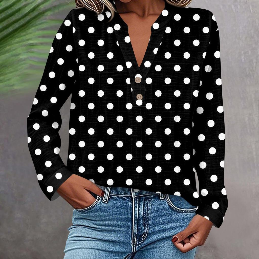 Women's Fashionable And Casual Shirt Long Sleeve V-neck Button Printed Blouse Top