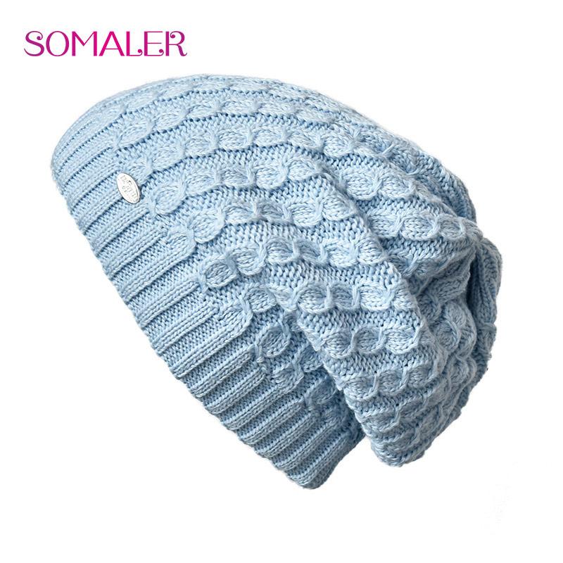 Winter Double Layer Knit Hats for Women Twist Pattern Blue Slouchy Beanie Spring Cold Winter Ski Hats
