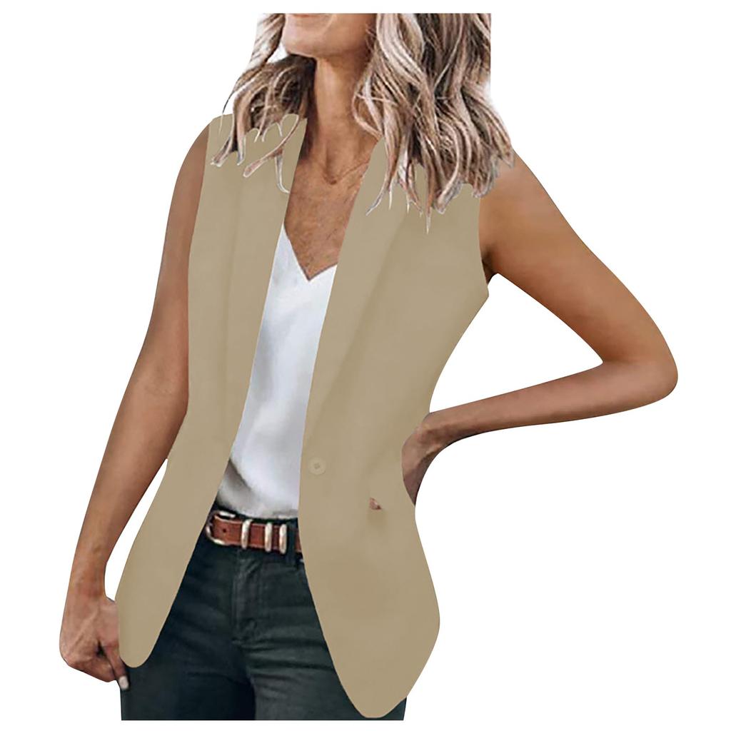 Women's Solid Color Open Front Pocket Cardigan Formal Suit Sleeveless Shirt Jacket