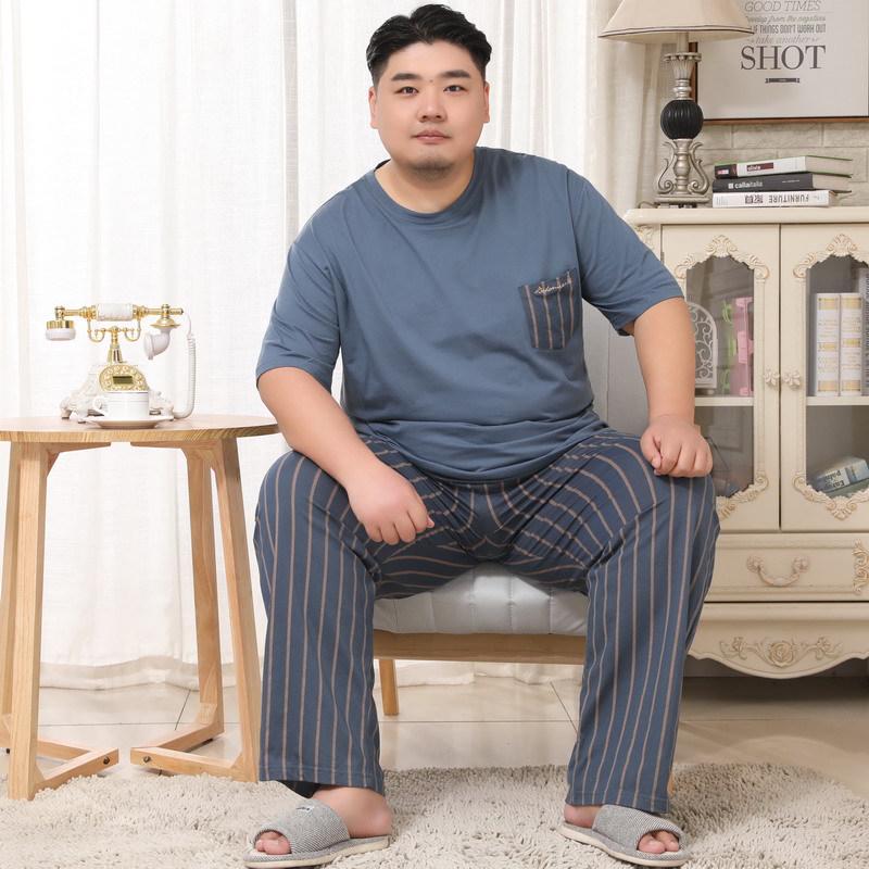Мужской хлопковый комплект пижамы Mei Ji Yun Большого размера 5XL - С круглым вырезом, с коротким рукавом топ и длинные брюки