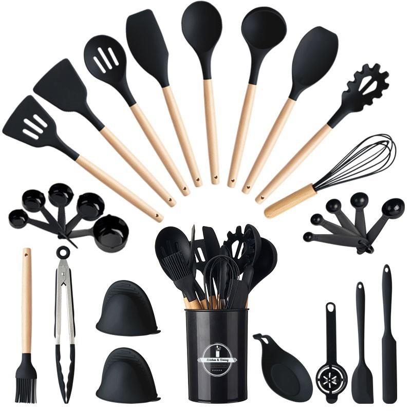 LMETJMA 28 Pcs Silicone Cooking Utensils Kitchen Utensil Set 446°F Heat Resistant Kitchen Gadgets Spatula Set With Holder JT263