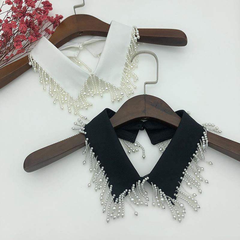 Women White Fake Collar Handmade Beads Detachable Solid Color Shirt False Collar Blouse Women Neckwear Decor