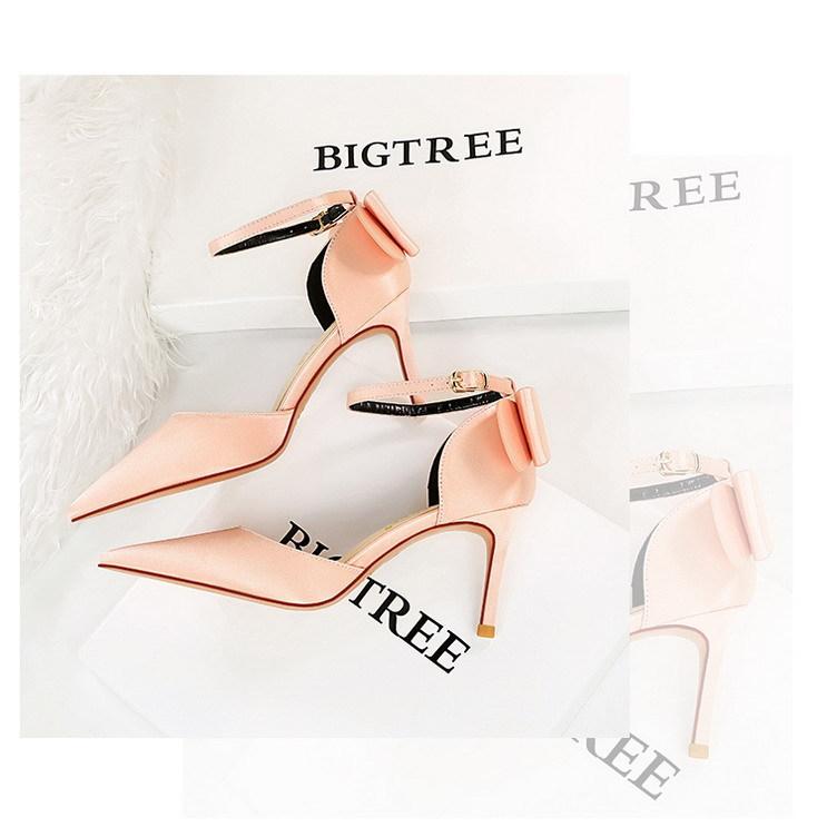 Bigtree Sexy High Heels 8cm Women's Silk Shallow Mouth Pointed Head Straight Line Sandals with Bowknot