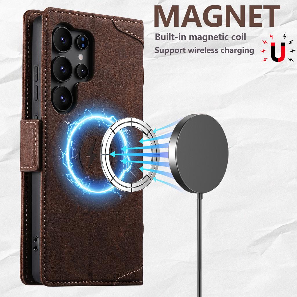 SUTENI J07 For Samsung Galaxy S25 Ultra Case Compatible with MagSafe Litchi Texture Leather Wallet Phone Cover