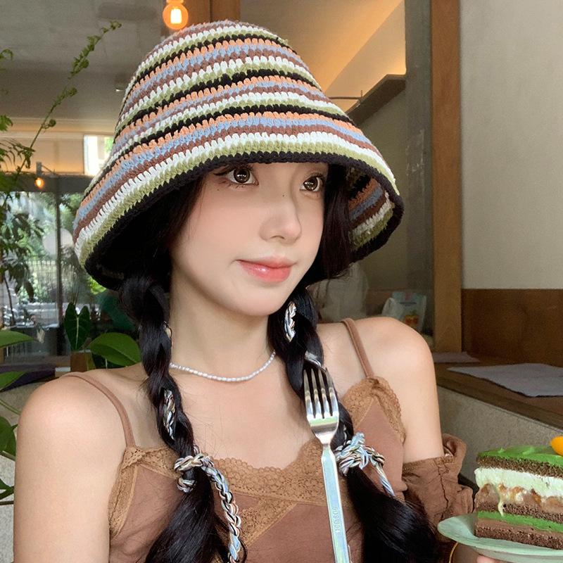 Полосатая вязаная шапка-ведро женская летняя универсальная большая окружность головы, показывающая лицо, маленькая шнурованная шапка-ведро шерстяная шапка