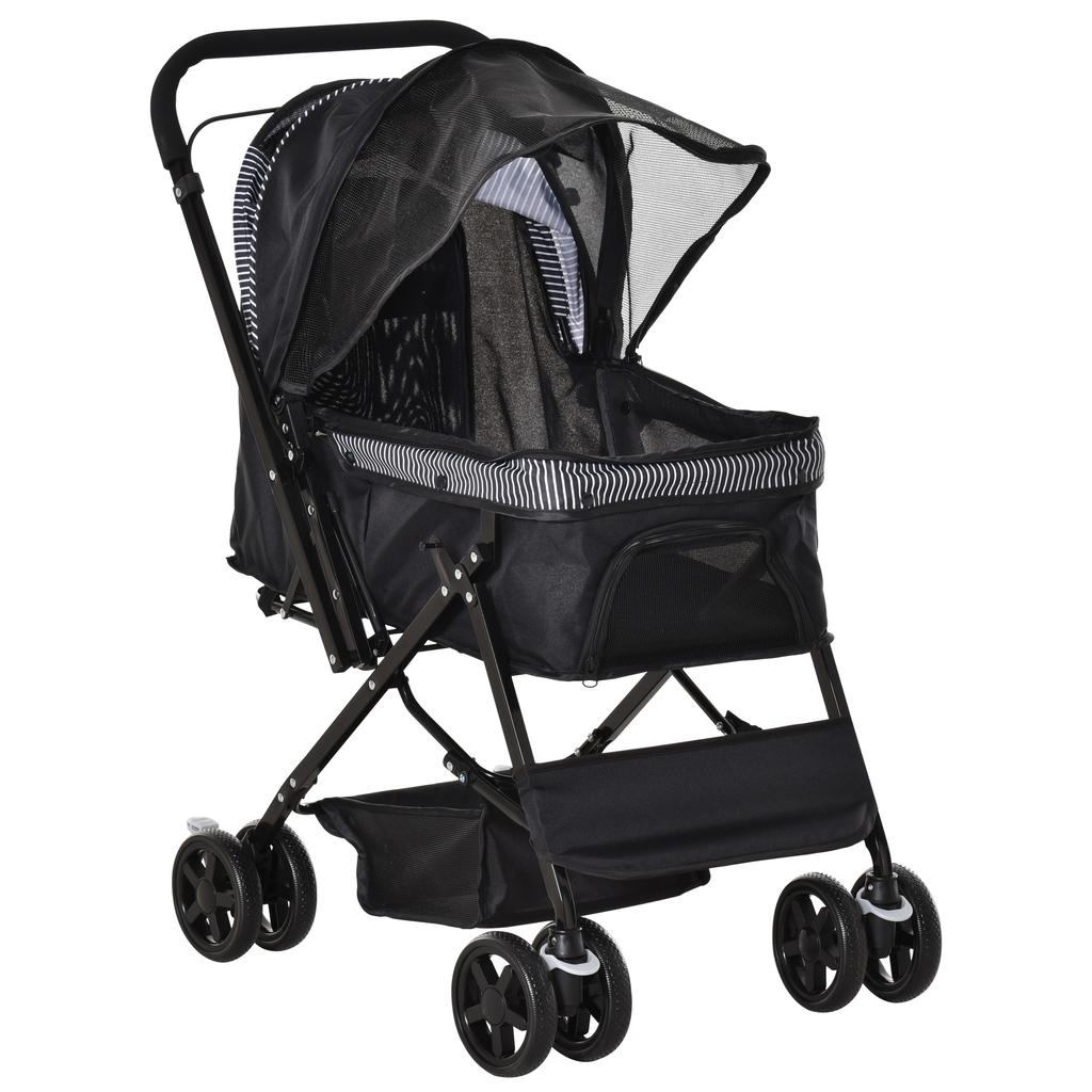 Pet Stroller Pushchair Foldable Travel Dog Cat Carriage w/ Reversible Handle Brake Basket