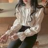 Women's French Retro Square Neck Lace Trim Shirt with Bell Sleeves - Spring/Autumn
