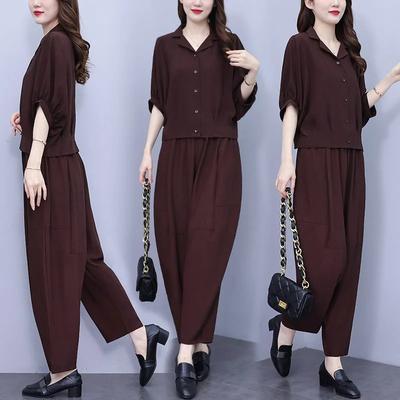 Летний повседневный комплект большого размера свободного кроя, модный V-образный вырез, стройнящий, большой размер, простой топ, трендовые брюки гаремного типа, женский ансамбль большого размера