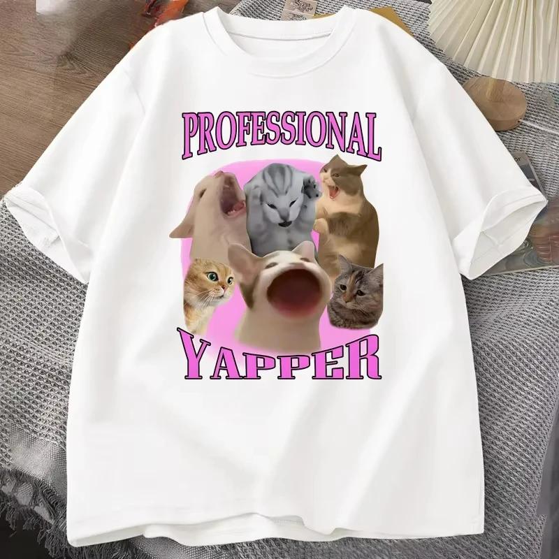 Женские футболки с графикой 'Yapper Cat' Хлопок Короткий рукав Повседневные С круглым вырезом С принтом Уличный стиль Летние топы