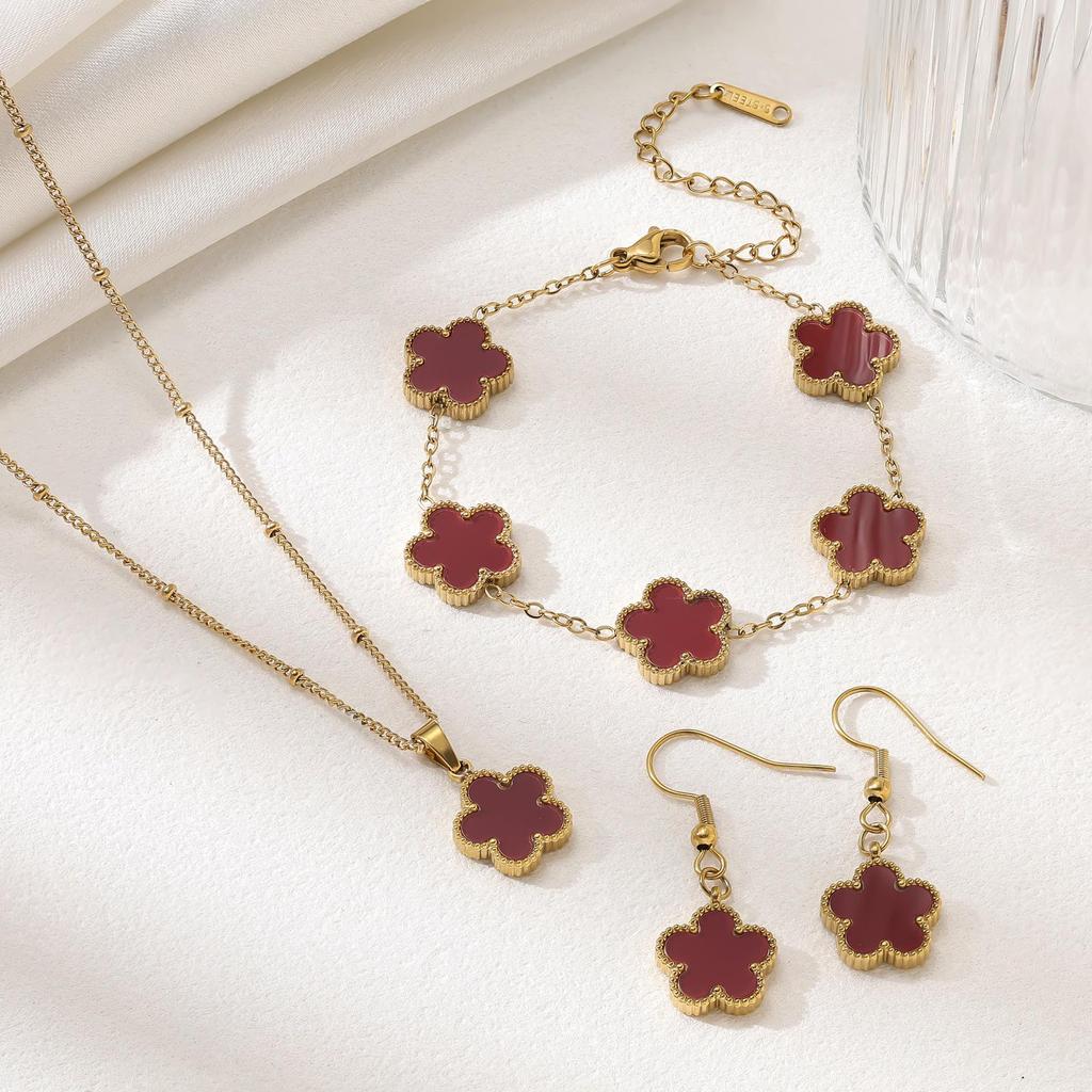 Trendy Five-Leaf Clover Jewelry Set: Necklace, Earrings & Bracelet In Luxury Lace Design