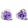 Korean Heart-Shaped Amethyst Stud Earrings for Women, Silver-Plated White Copper Jewelry