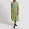 Newest Vintage Summer Women Solid Color O Neck Half Sleeve Linen Soft Loose Midi Dress