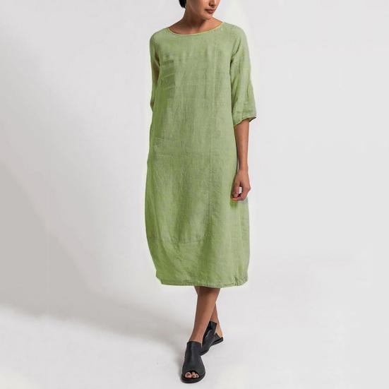 Newest Vintage Summer Women Solid Color O Neck Half Sleeve Linen Soft Loose Midi Dress