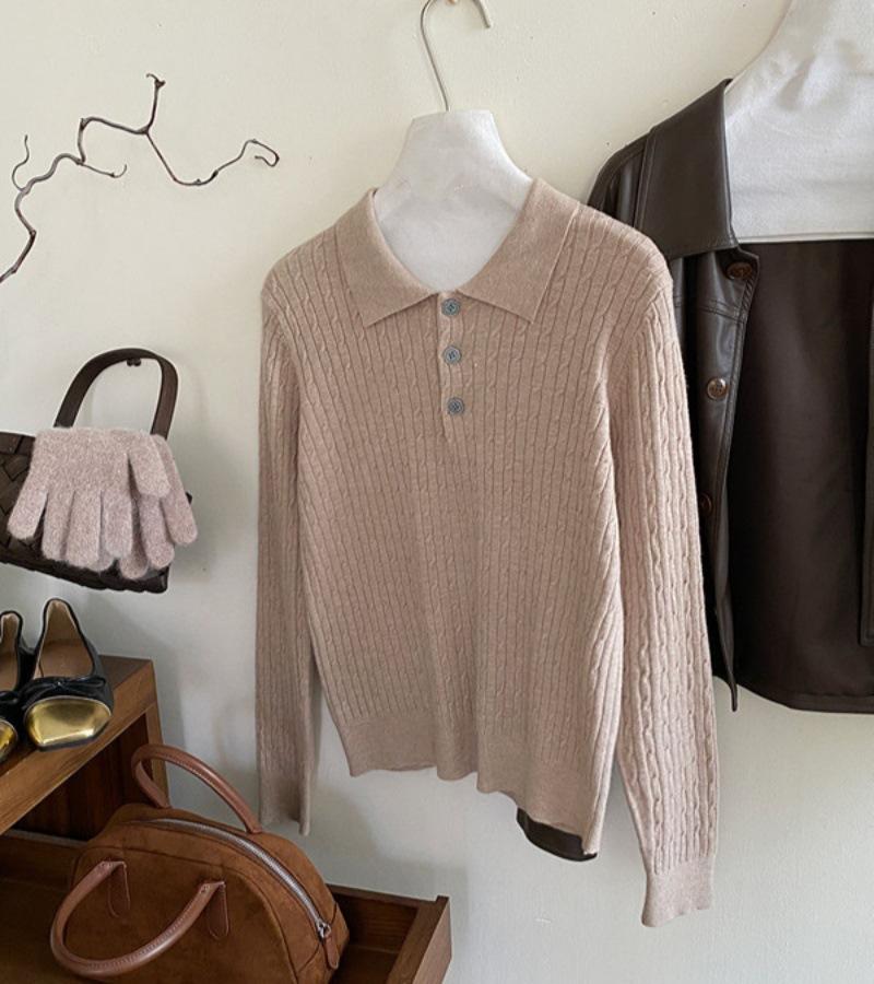 Polo collar long-sleeved embroidered twist knitted sweater for women 1116 autumn soft waxy casual foreign style bottomed top for women